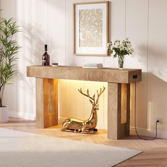 63In Farmhouse Console Table with Charging Station and Motion Sensor Light Slim Entryway Table for Hallway Living Room Behind Sofa