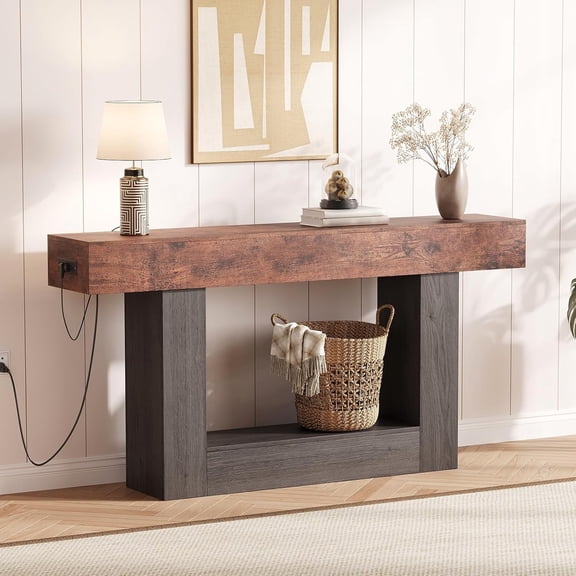 63In Narrow Behind Couch Console Table with Charging Station 2-Tier Entryway Table Brown and Grey