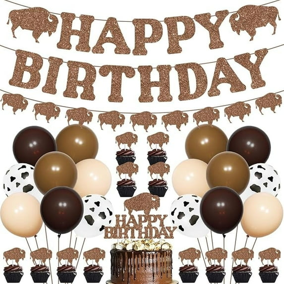 63Pcs Brown Bison Theme Birthday Party decor, Brown Balloon Garland Arch Kit with Bison Glitter Happy Birthay Banner Cake Topper for Baby Shower Western Farm Animals Theme Birthday Party Supplies