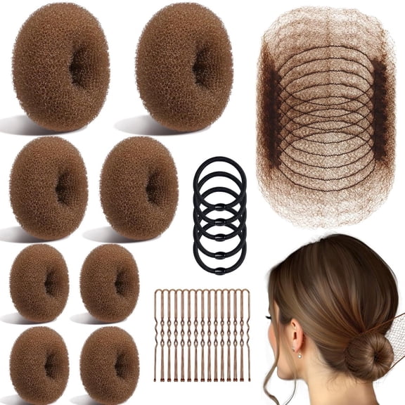 63Pcs Hair Bun Maker Set with 8 pcs Hair Buns for Women, 10 Hair Nets Invisible, 40 U Pins, 5 Elastic Ties for Ballet, Work, Women