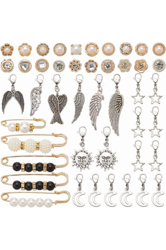63Pcs Pearl Safety Pin Sock Charm Set Alloy Retro Wing Moon Elegant Rhinestone Colorful Shoe Pants Waist Tightener Clip Charms Brooches
