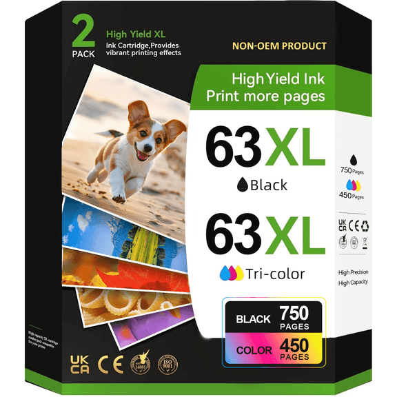 63XL 2 Pack Black/Tri-Color Ink Cartridge Compatible for HP Officejet 5255 5257 5258 5259 5200 5252 Printer