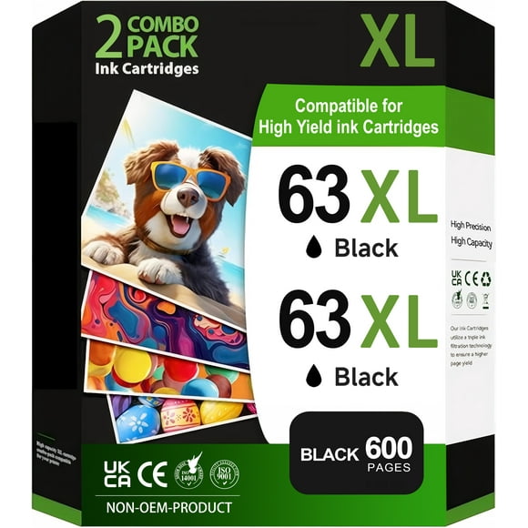 63XL Ink Cartridge Compatible for HP 63 Black Ink Cartridges for Officejet 3830 4650 4652 4655 5200 5252 5255 5258 Envy 4520 4512 4650 Printer (Black, 2-Pack)