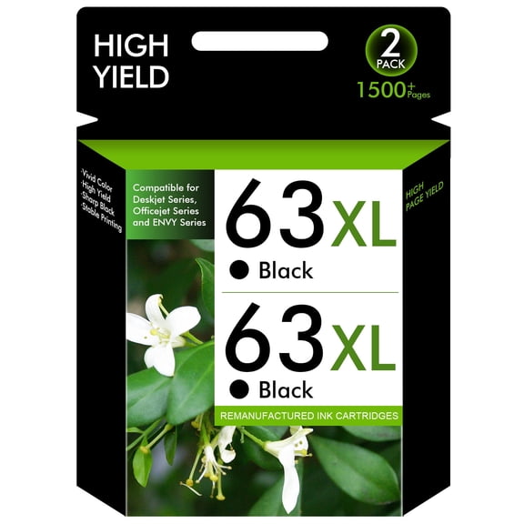 63XL Black Ink Cartridge Compatible for HP 63 Ink 63XL Ink Cartridges for OfficeJet 3830 3833 4650 4652 4655 5255 5258 Envy 4512 4520 DeskJet 1112 3630 (2 Pack Black)