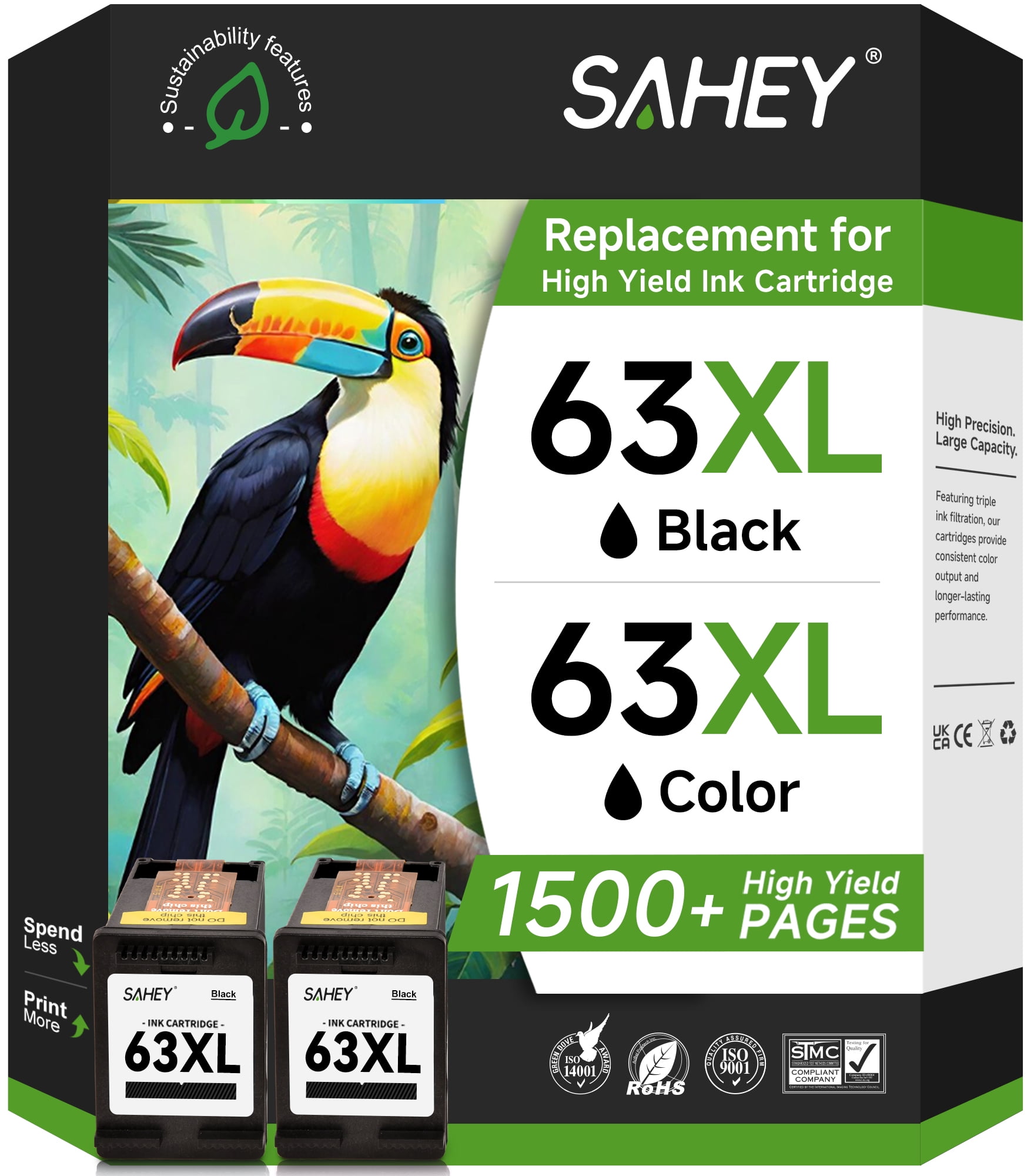 63XL Black Ink Compatible for HP 63 Ink Cartridge for Envy 4520 Officejet 3830 4650 5255 5258 4655 5252 Deskjet 3632 3631 Printer(2 Black)