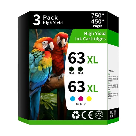 63XL Ink Cartridge Combo Pack Compatible Replacement for HP 63 to Use with HP 3830 4650 4652 4655 5200 5252 5255 5258 4520 4512 1112 2132 3630 3632 3631 (3 Pack, Tri-Color Black)