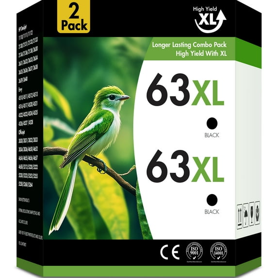 63XL Ink Cartridge Compatible for HP 63 Ink Cartridges Compatible for HP 63XL for Officejet 3830 4650 5255 5258 4655 5252 Envy 4520 4512 Printer( 2 Black )