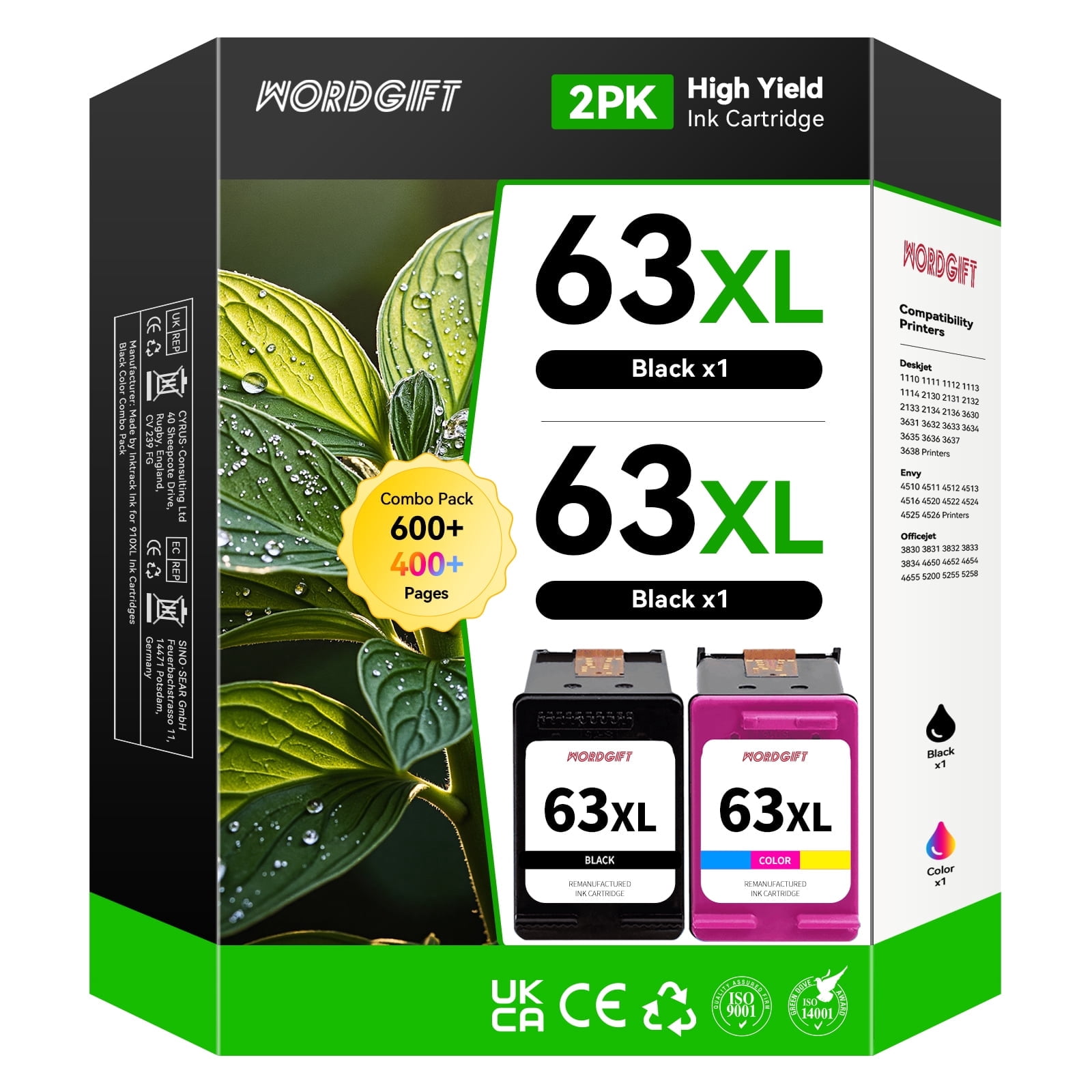 63XL Ink Cartridge Compatible for 63 63XL Ink Cartridges 2-Pack Black & Tri-Color for OfficeJet 5255 5258 Envy 4520 Deskjet 1112 Printer Ink