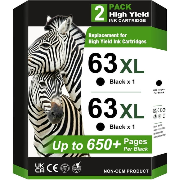 63XL Ink Cartridges Compatible for HP 63 Black Ink Cartridge for HP 3830 4650 4652 4655 5200 5252 5255 5258 4520 4512 1112 2132 3630 3632 Printers (2 Black)