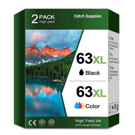 Compatible for HP 63 63XL Ink Cartridges 63 Ink Cartridges Ink 63 Black and Tri-Color for Officejet 3830 4650 5255 5200 Envy 4520 4512 printer 2 Pack