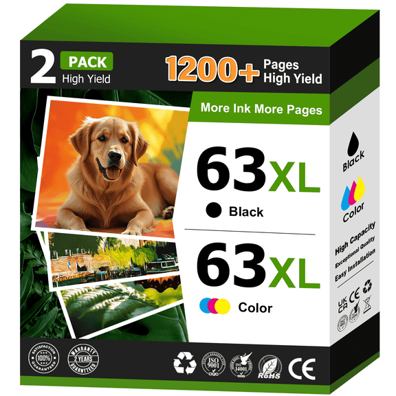 63 Ink Cartridge Compatible for HP 63XL for HP Ink 63 Printer Ink 63 for Officejet 3830 5255 5260 Envy 4520 4512 (2 Pack)