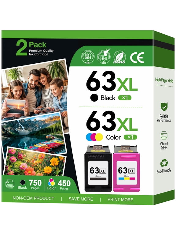 63 Ink Cartridge Compatible for HP 63XL for HP Ink 63 Printer Ink 63 for Officejet 3830 5255 5260 Envy 4520 4512 (2 Pack)