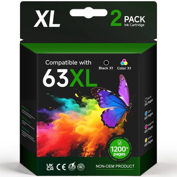 63XL Ink Cartridges Compatible for HP 63 ink cartridges for Officejet 3830 4650 5200 5255 Envy 4520 4512 Deskjet 1112 3630 Printer ( 2-Pack)