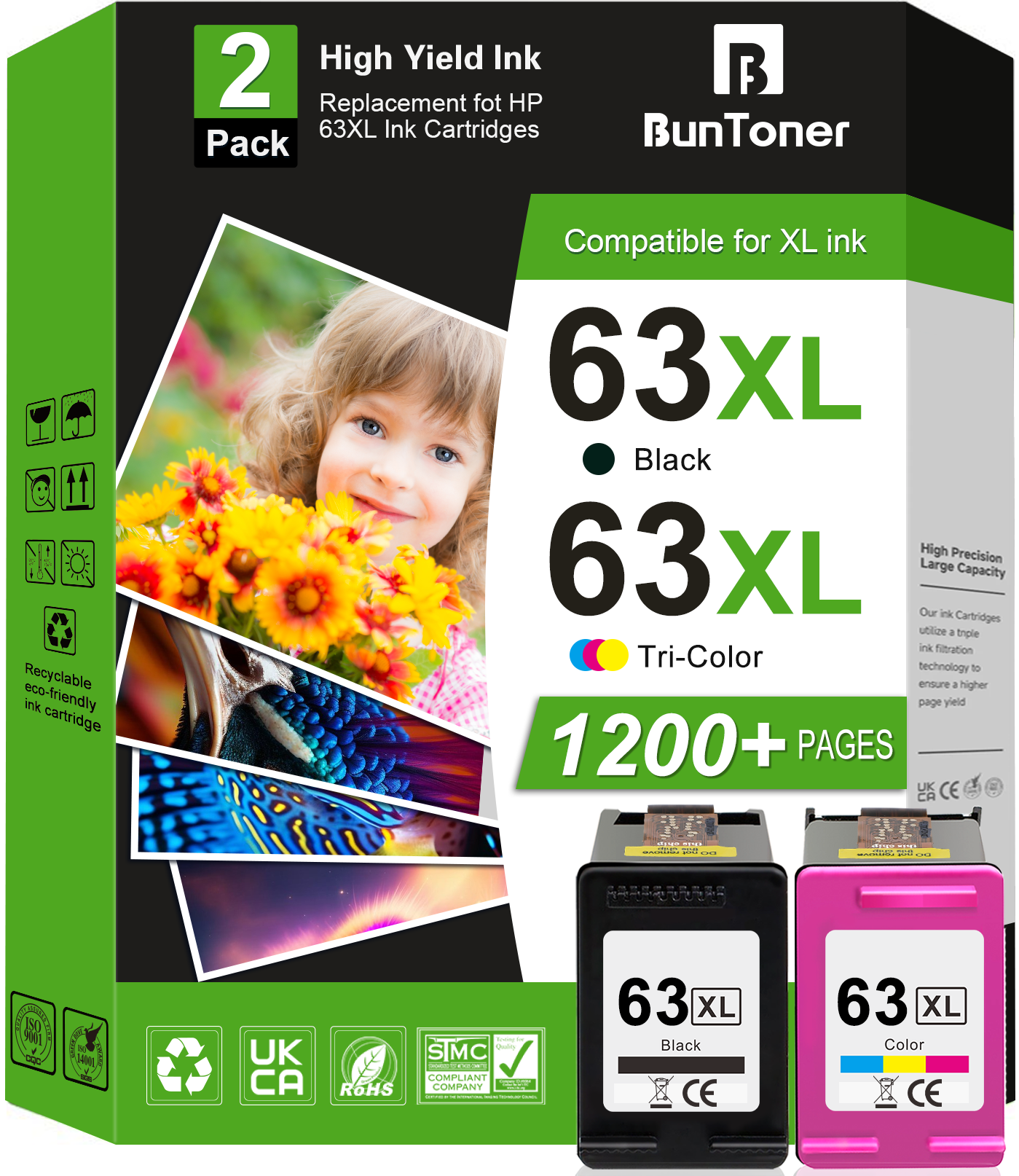 63XL Ink Cartridges Compatible for HP 63 Ink Cartridges for HP Ink 63 for OfficeJet 3830 4650 5255 5200 Envy 4520 4512 Printer (2 Pack)