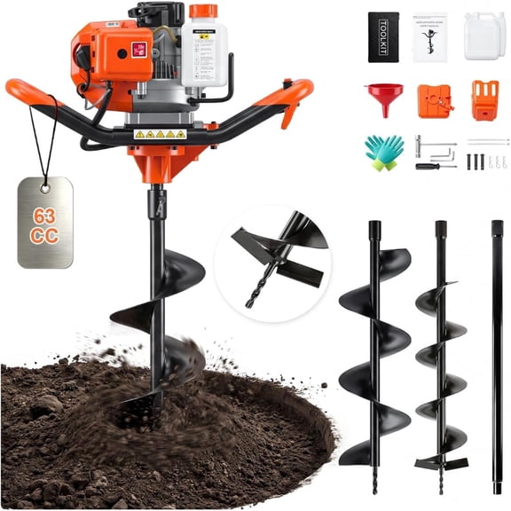 63cc two-stroke gasoline-powered posthole digger, equipped with 6-inch/8-inch drill bits and extension rod | Maximum digging depth 62-inch rod. Suitable for farmland planting.