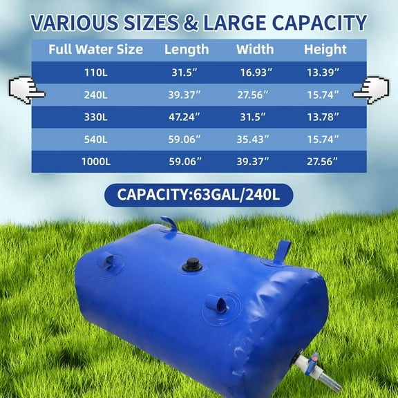 63gal Collapsible Water Storage Bladder with Valve, Large Capacity Portable Tank for Camping, Fire Protection & Agriculture