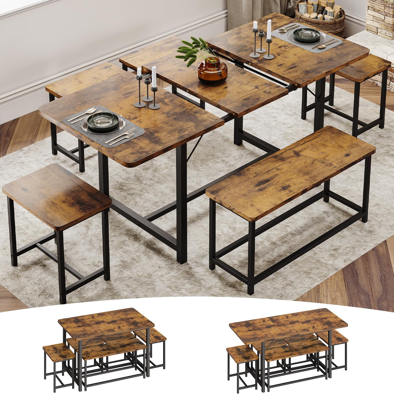 Extendable Dining Square Kitchen Table With Bench 63in Dining