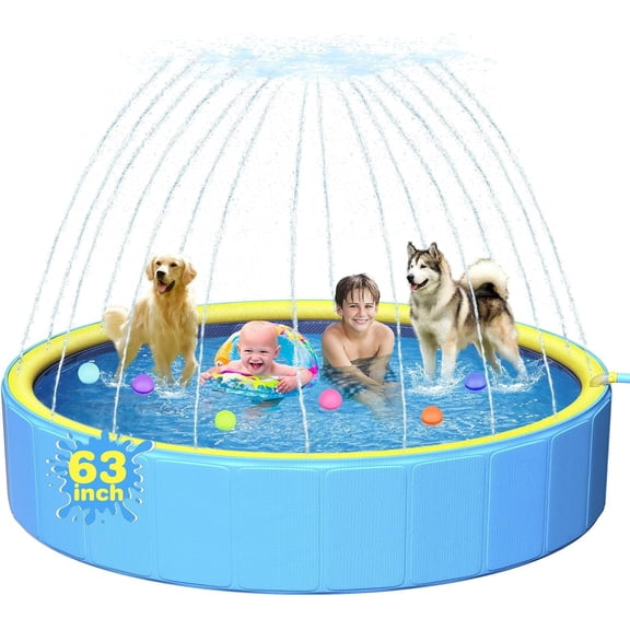 63in Sturdy Dog Pool with Sprinkler, 2-in-1 Non-Slip Kiddie/Kids Pool Hard Plastic, Foldable Dog Sprinkler Pools for Large Dogs, Portable Pet Swimming Pool for Summer Outdoor Backyard