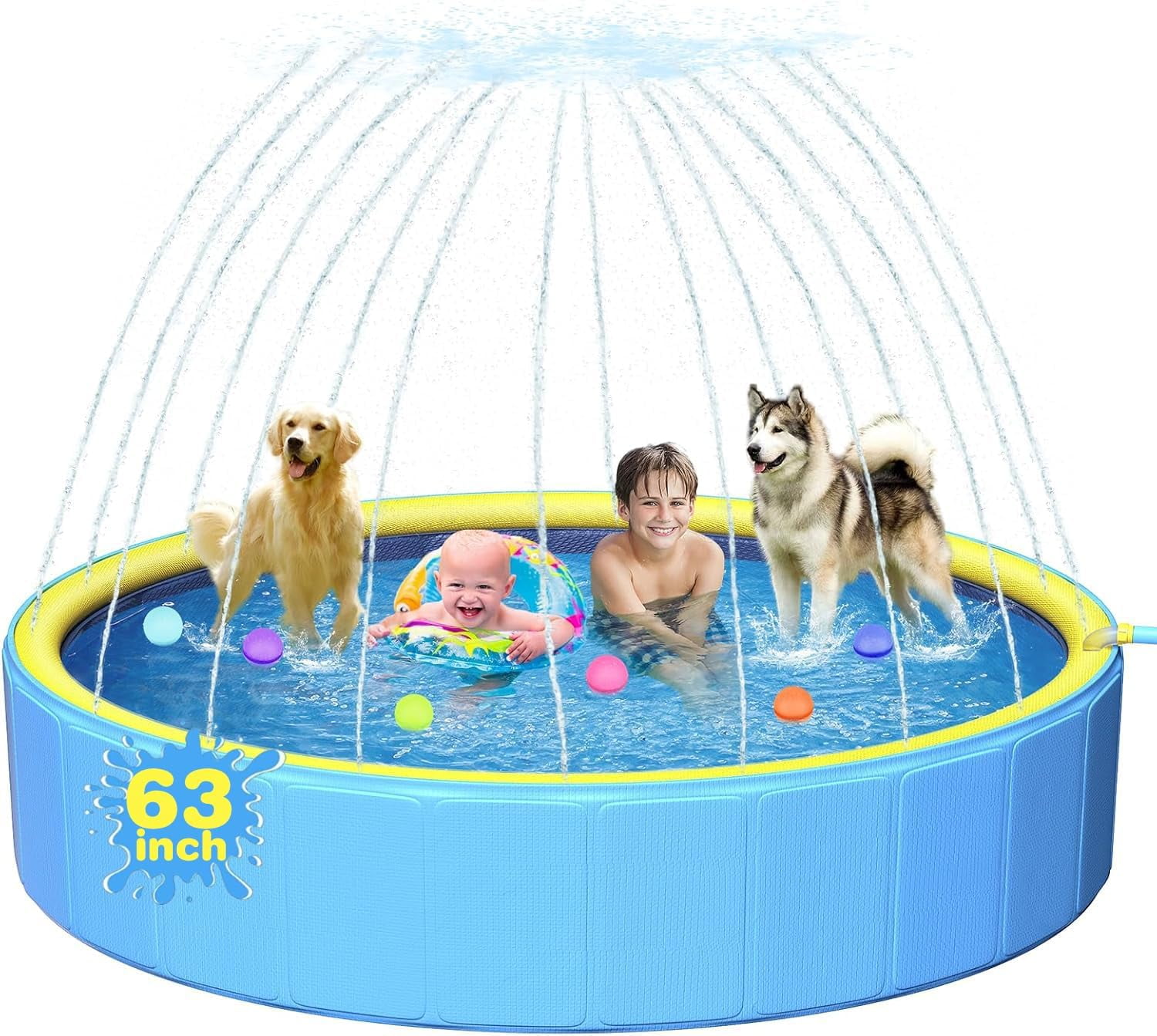 63in Sturdy Dog Pool with Sprinkler, 2-in-1 Non-Slip Kiddie/Kids Pool Hard Plastic, Foldable Dog Sprinkler Pools for Large Dogs, Portable Pet Swimming Pool for Summer Outdoor Backyard
