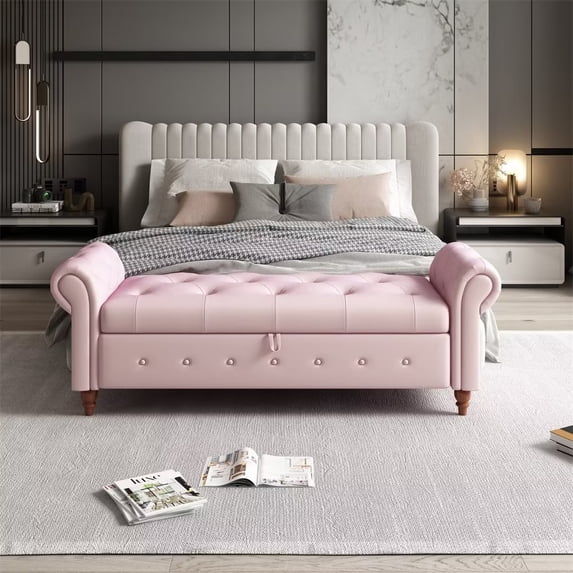 63inch End of Bed Storage Bench, Modern Velvet Button Tufted Upholstered Ottoman Bench with Arms, Long Footrest for Bedroom Entryway and Living Room, 500LBS Weight Capacity, Pink