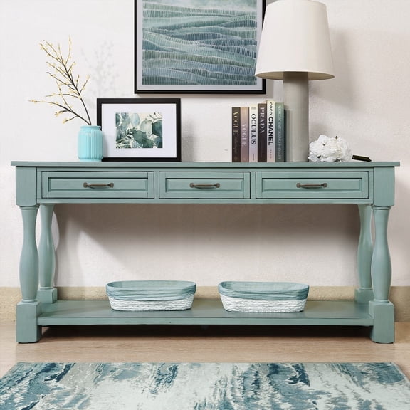 63inch Long Wood Console Table with 3 Drawers & 1 Bottom Shelf - Solid Wood & Extra-thick - Easy Assembly for Entryway (Retro Blue)
