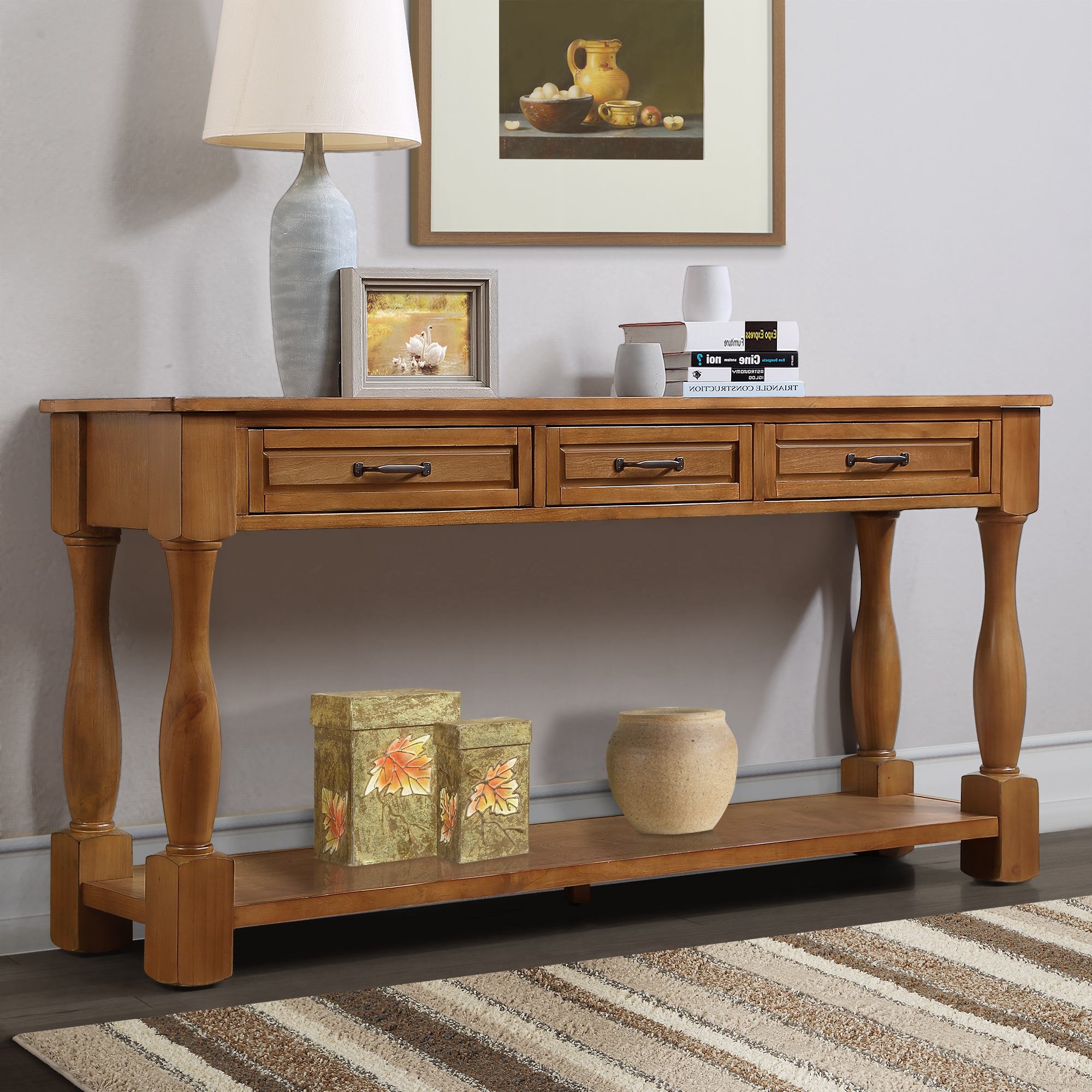 63inch Long Wood Console Table with 3 Drawers and 1 Bottom Shelf for