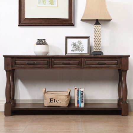 63inch Solid Wood Console Table with 3 Drawers & 1 Shelf, Easy Assembly & Mid-Century Style