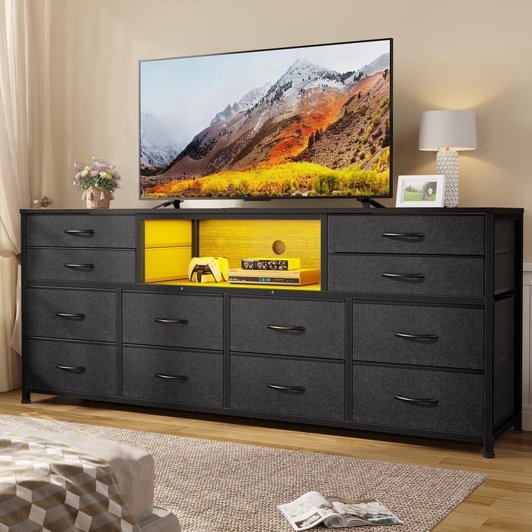 63inch TV Stand Dresser for 32/45/55/65 inch TVs,Entertainment Center with 12 Drawers and Charging Station,Media Console Table with LED Lights, Chest 