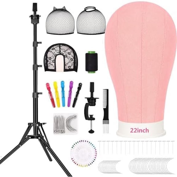 63inch Tall Wig Stand Tripod with 22inch Mannequin , Canvas Block Wig Included Adjustable Holder and Wig Caps Kit for Multiple wigs, for Making Wigs, Display Styling
