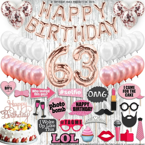 63rd Birthday Decorations, Birthday Party Supplies, 63rd Birthday Banner Rose Gold, Confetti Balloons Her, 63rd Cake Topper, 63 Photo Props