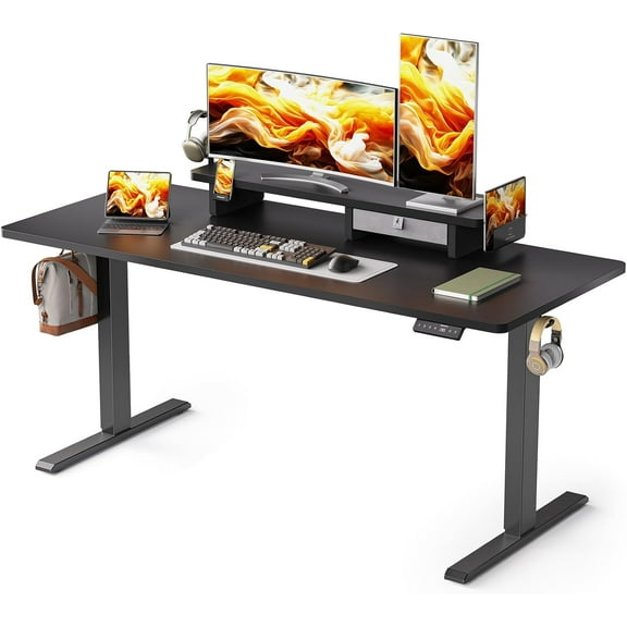 63x24 Inches Electric Standing Desk with Drawer and Monitor Stand, Height Adjustable Sit to Stand up Desk for Home Office, Ergonomic Computer Table with Phone Holder, 3 Hooks, Black