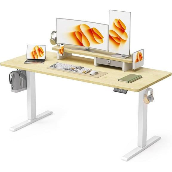 63x24 Inches Electric Standing Desk with Drawer and Monitor Stand, Height Adjustable Sit to Stand up Desk for Home Office, Ergonomic Computer Table with Phone Holder, 3 Hooks, Oak