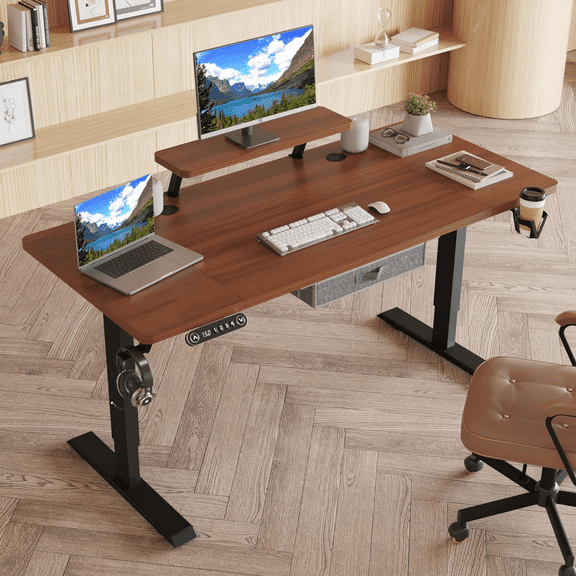 63x30 Inch Large Desktop 4-Position Memory Electric Standing Desk with Drawers and Storage Shelves, Home Office Desk