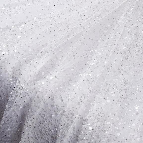 63x39inch Glitter Tulle Fabric with Sequin and Beads White Ribbon Netting Fabric for DIY handcrafting