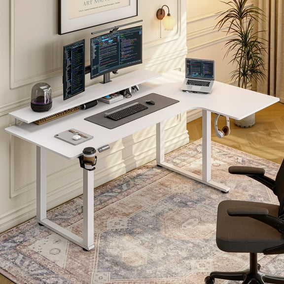 63x43 Inches L Shaped Standing Desk, Electric Stand Up Desk with 2 Adjustable Monitor Shelves, White