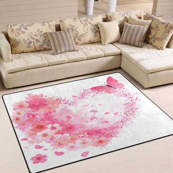 63x48in Area Rug Machine Washable Floor Mats Skid-Resistant Backing Carpet for Home Kitchen Bedroom Floral Heart with Pink Glitter