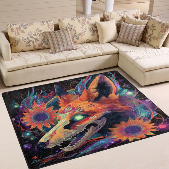 63x48in Area Rug Machine Washable Floor Mats Skid-Resistant Backing Carpet for Home Kitchen Bedroom Fox Skull