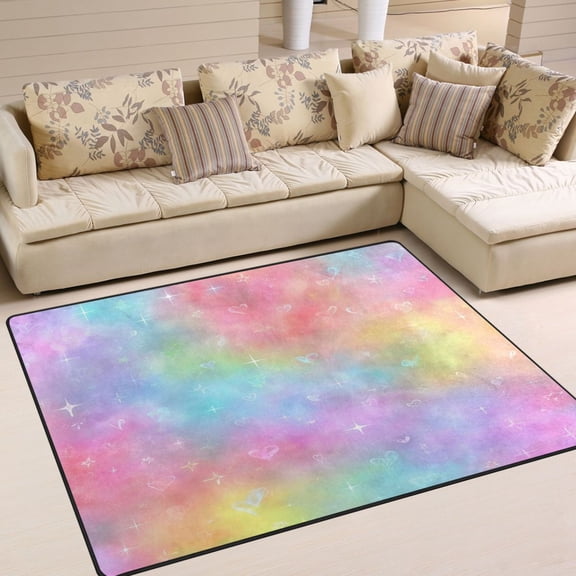 63x48in Area Rug Machine Washable Floor Mats Skid-Resistant Backing Carpet for Home Kitchen Bedroom Pastel Rainbow Tie-dye
