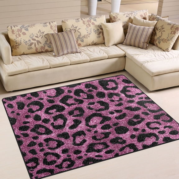 63x48in Area Rug Machine Washable Floor Mats Skid-Resistant Backing Carpet for Home Kitchen Bedroom Pink Glitter Cheetah Print