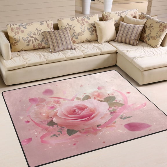 63x48in Area Rug Machine Washable Floor Mats Skid-Resistant Backing Carpet for Home Kitchen Bedroom Pink Rose Pattern