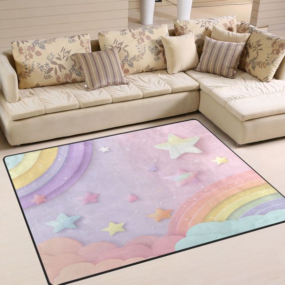 63x48in Area Rug Machine Washable Floor Mats Skid-Resistant Backing Carpet for Home Kitchen Bedroom Rainbow Stars and Cloud Pattern