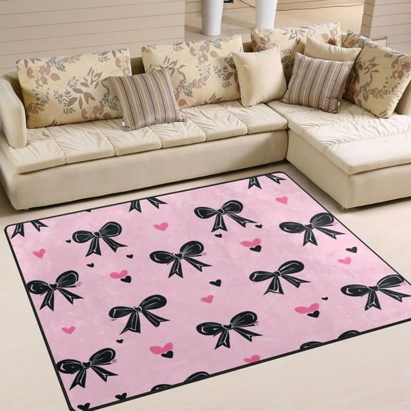 63x48in Area Rug for Living Room Non-Slip Carpet Soft and Washable Floor Mat for Home Comfort Black Bows