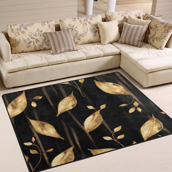 63x48in Area Rug for Living Room Non-Slip Carpet Soft and Washable Floor Mat for Home Comfort Delicate Gold Leaf Pattern