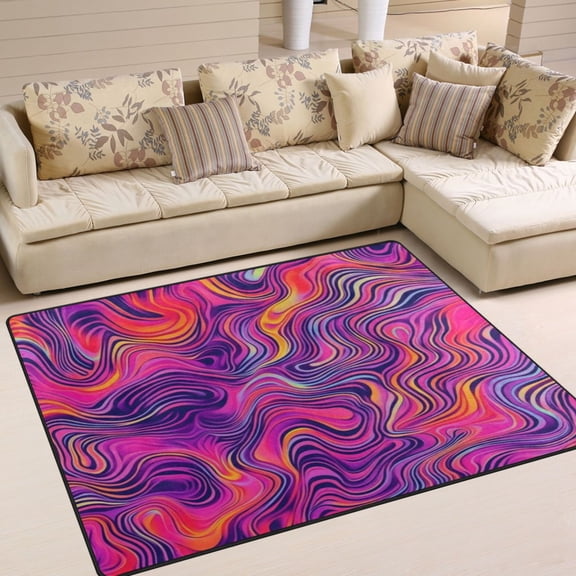 63x48in Area Rug for Living Room Non-Slip Carpet Soft and Washable Floor Mat for Home Comfort Neon Pink Wavy Lines
