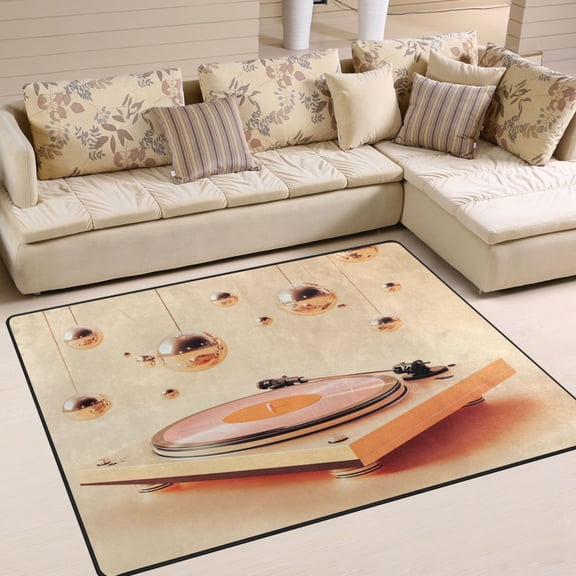 63x48in Area Rug for Living Room Non-Slip Carpet Soft and Washable Floor Mat for Home Comfort Orange Vinyl Record