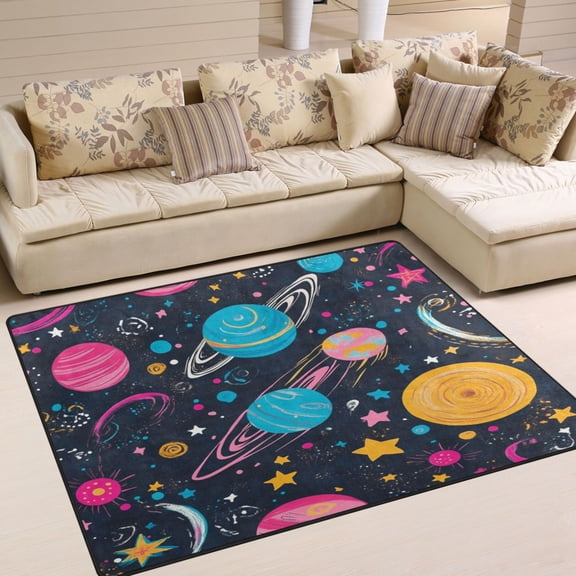 63x48in Area Rug for Living Room Non-Slip Carpet Soft and Washable Floor Mat for Home Comfort Stars and Planets Pattern