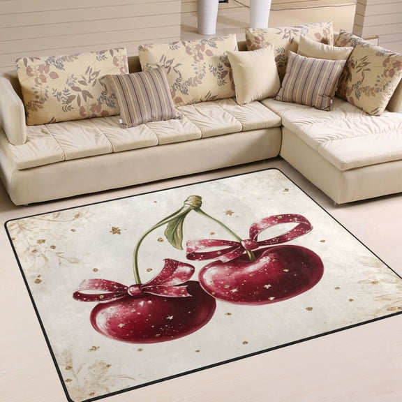 63x48in Area Rug for Living Room Non-Slip Carpet Soft and Washable Floor Mat for Home Comfort Two Cherries with Bows