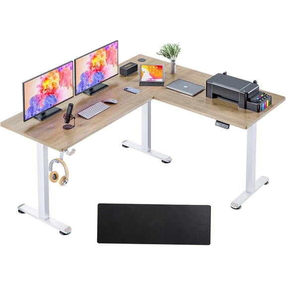 63x55 in L Shaped Standing Desk, Electric Sit Stand Up Desk Adjustable Height, Corner Desk with Mouse Pad, Hooks, Home Office Writing Gaming Studying Big Computer Workstation, Oak Grey