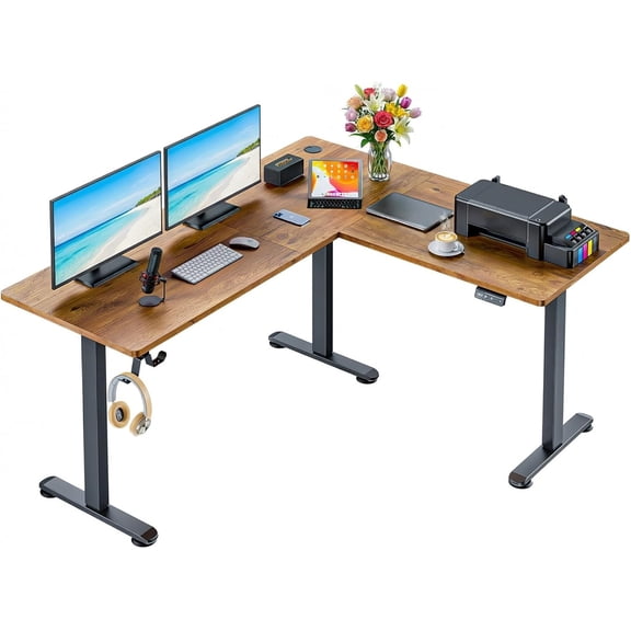 63x55 in L Shaped Standing Desk, Electric Stand Up Desk Adjustable Height, Corner Desk with Mouse Pad, Hooks, Home Office Writing Gaming Studying Big Computer Workstation, Rustic Brown