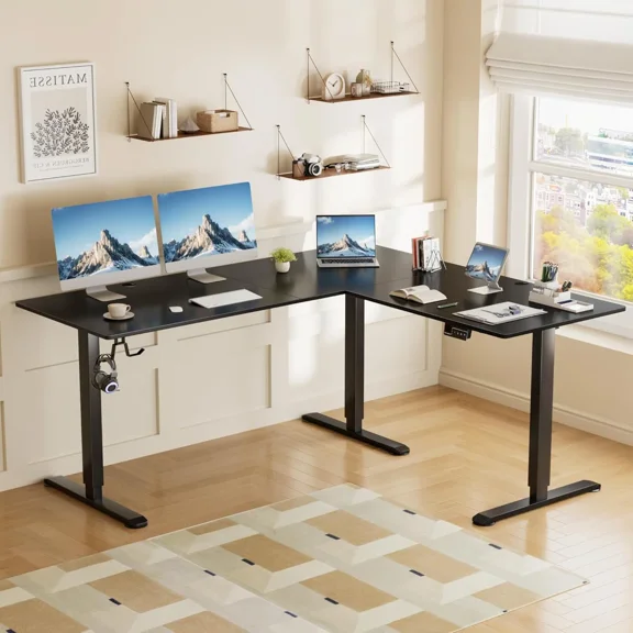 63x55 inch L-Shaped Height Adjustable Standing Desk Electric Corner Table With Free Large Mouse Pad For Home Office GamingBlack